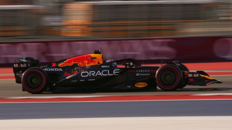 Red Bull driver Max Verstappen of the Netherlands steers his car during the qualification for the Formula One U.S. Grand Prix race in Austin, Texas, Saturday, Oct. 18, 2025. (AP Photo/Eric Gay)
