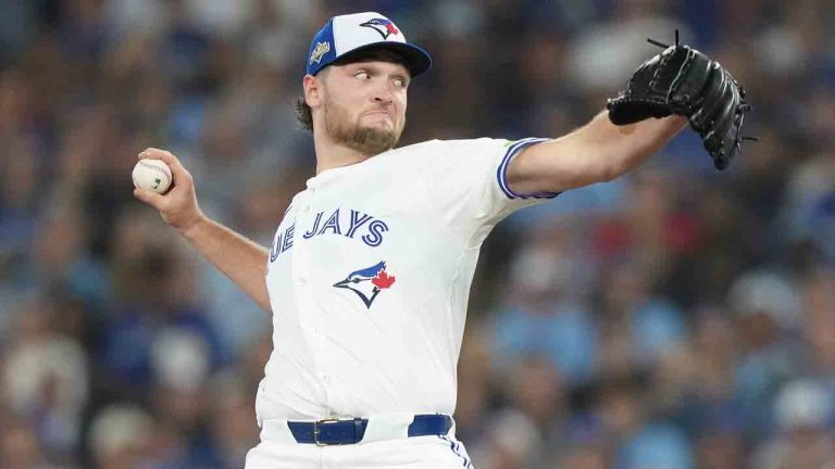 Toronto Blue Jays pitcher Trey Yesavage (39) delivers against the Seattle Mariners during first inning MLB American League Championship Series game 5 baseball action in Toronto, Sunday, Oct. 19, 2025. (Nathan Denette/CP)