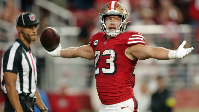 San Francisco 49ers' Christian McCaffrey celebrates a second-quarter touchdown run against the Atlanta Falcons during an NFL game in Santa Clara, Calif., on Sunday, Oct. 19, 2025. (Scott Strazzantez/San Francisco Chronicle via AP)