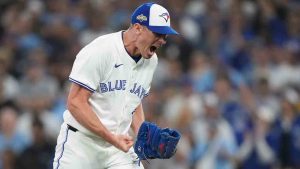 Toronto Blue Jays pitcher Chris Bassitt (40) reacts after the final out during eighth inning MLB American League Championship Series game 7 baseball action against the Seattle Mariners in Toronto, Monday, Oct. 20, 2025. (Nathan Denette/CP)