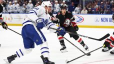 Maple Leafs and Sabres players sport Blue Jays jerseys during walk-ins
