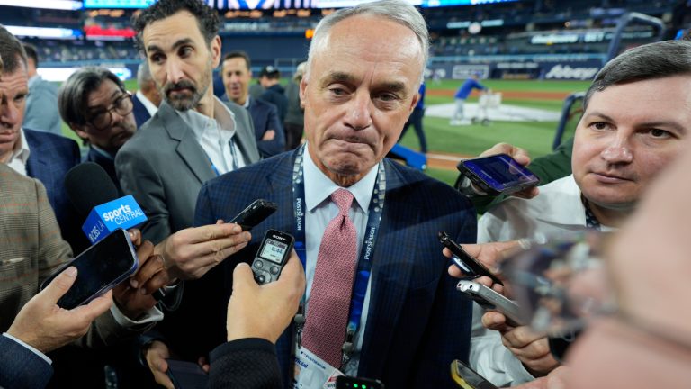 MLB commissioner Rob Manfred speaks prior to Game 2 of baseball's World Series between the Toronto Blue Jays and the Los Angeles Dodgers, Saturday, Oct. 25, 2025, in Toronto. (David J. Phillip/AP)