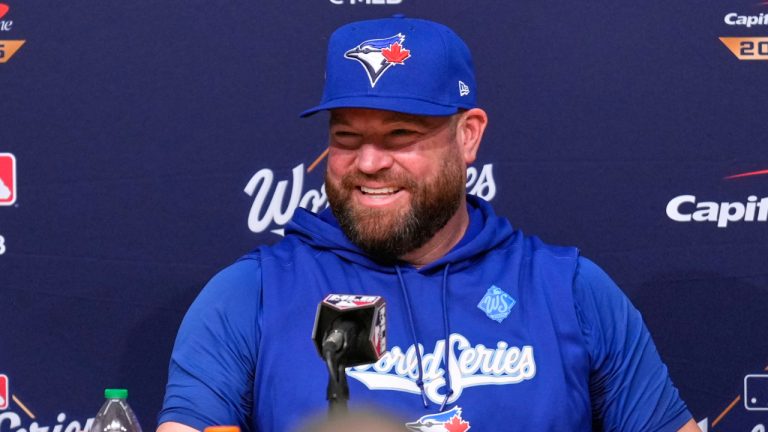 Toronto Blue Jays manager John Schneider speaks during a news conference ahead of Game 3 of the World Series against the Los Angeles Dodgers, Sunday, Oct. 26, 2025, in Los Angeles. (Mark J. Terrill/AP)