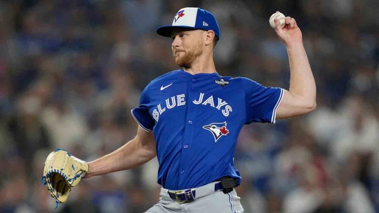 Toronto Blue Jays' pitcher Eric Lauer throws against the Los Angeles Dodgers during the 12th inning in Game 3 of baseball's World Series, Monday, Oct. 27, 2025, in Los Angeles. (Ashley Landis/AP)