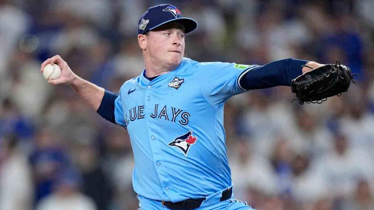 Toronto Blue Jays pitcher Louis Varland throws against the Los Angeles Dodgers during the ninth inning in Game 4 of baseball's World Series, Tuesday, Oct. 28, 2025, in Los Angeles. (Brynn Anderson/AP)
