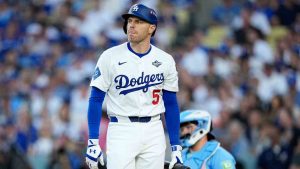 Los Angeles Dodgers' Freddie Freeman walks to the dugout after striking out against the Toronto Blue Jays during the second inning in Game 5 of baseball's World Series, Wednesday, Oct. 29, 2025, in Los Angeles. (Brynn Anderson/AP)