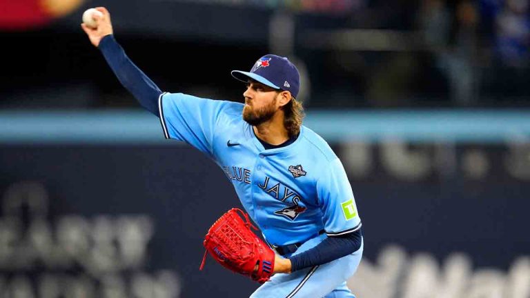 Toronto Blue Jays pitcher Kevin Gausman (34) delivers a pitch against the Los Angeles Dodgers during first inning Game 6 World Series playoff MLB baseball action in Toronto on Friday, Oct. 31, 2025. (Frank Gunn/CP)