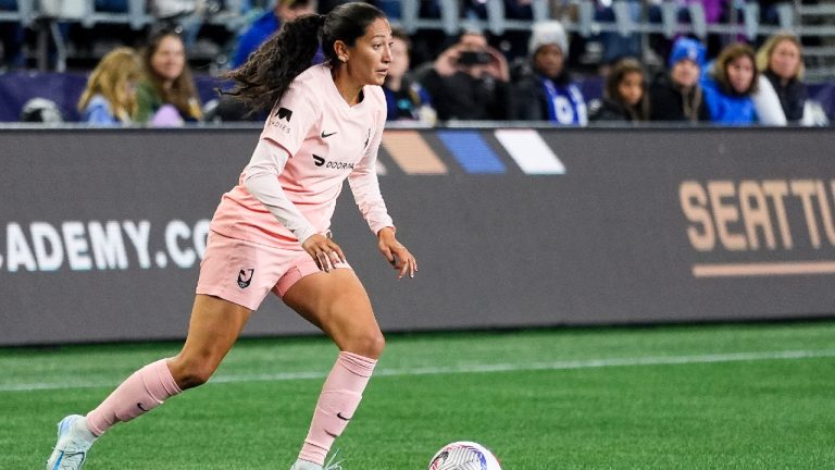 Angel City FC forward Christen Press plays during the second half of an NWSL soccer match Friday, Oct. 4, 2024, in Seattle. (Lindsey Wasson/AP)