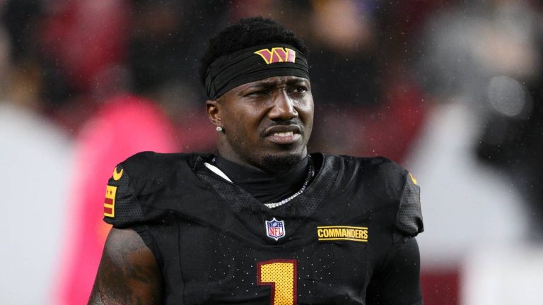 Washington Commanders wide receiver Deebo Samuel Sr. (1) warms up before an NFL football game against the Chicago Bears, Monday, Oct. 13, 2025, in Landover, Md. (Nick Wass/AP)