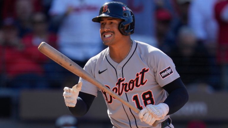 Detroit Tigers' Jahmai Jones reacts as he strikes out in the seventh inning of Game 2 of the American League Wild Card baseball playoff series against the Cleveland Guardians in Cleveland, Wednesday, Oct. 1, 2025. (Sue Ogrocki/AP)