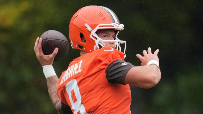 Cleveland Browns quarterback Dillon Gabriel (8) attends an NFL football practice at The Grove in Watford, England, Friday, Oct. 3, 2025. (Kin Cheung/AP)