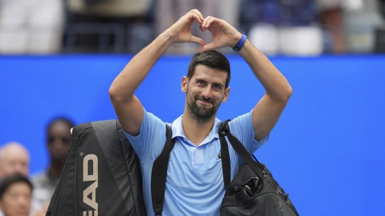 Novak Djokovic, of Serbia, acknowledges the crowd after losing to Carlos Alcaraz, of Spain, during the men's singles semifinals of the U.S. Open tennis championships, Friday, Sept. 5, 2025, in New York. (Seth Wenig/AP)