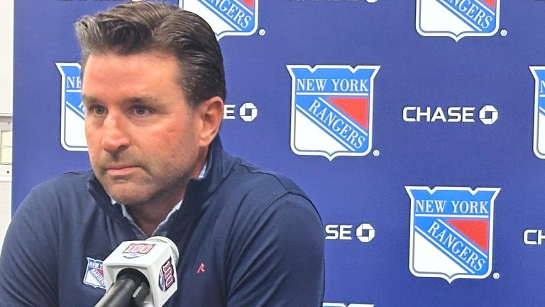 New York Rangers general manager Chris Drury speaks with reporters during an NHL hockey news conference, Wednesday, Sept. 17, 2025, in Tarrytown, N.Y. (AP Photo/Stephen Whyno)