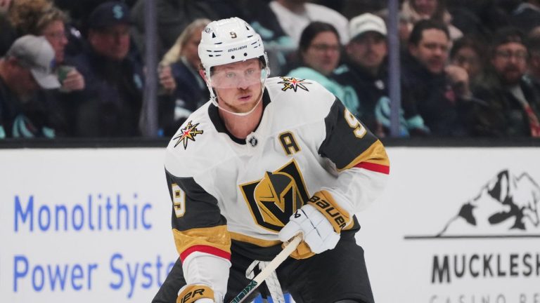 Vegas Golden Knights centre Jack Eichel moves the puck against the Seattle Kraken during an NHL hockey game Saturday, Oct. 11, 2025, in Seattle. (Lindsey Wasson/AP)
