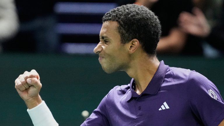 Felix Auger-Aliassime of Canada reacts after defeating Daniel Altmaier of Germany during their third round match at the Paris Masters tennis tournament at the Paris La Defense Arena, Thursday, Oct. 30, 2025, in Paris. (Michel Euler/AP)