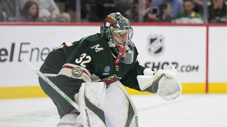 Minnesota Wild goaltender Filip Gustavsson (32) stands by the goal during the second period of an NHL hockey preseason game against the Chicago Blackhawks, Sunday, Sept. 28, 2025, in St. Paul, Minn. (Abbie Parr/AP)