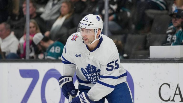 Toronto Maple Leafs defenceman Mark Giordano (55) against the San Jose Sharks during an NHL hockey game in San Jose, Calif., Saturday, Jan. 6, 2024. (Jeff Chiu/AP)