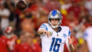 Detroit Lions quarterback Jared Goff throws during the first half of an NFL football game against the Kansas City Chiefs, Thursday, Sept. 7, 2023 in Kansas City, Mo. (Reed Hoffmann/AP)