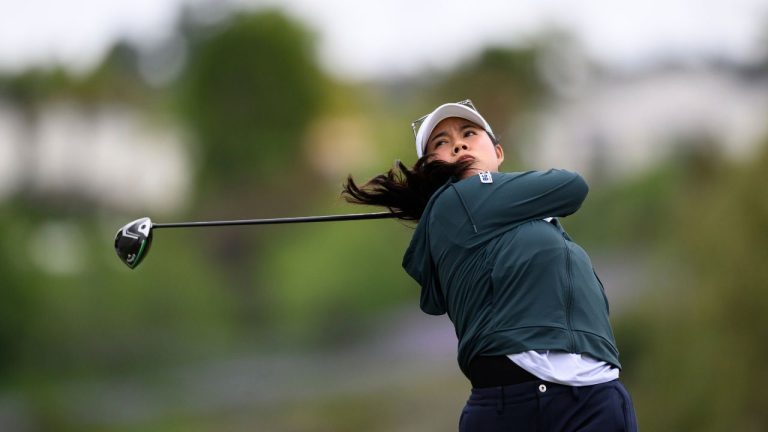 Arpichaya Yubol hits from the seventh tee during the first round of the LPGA's JM Eagle LA Championship golf tournament at El Caballero Country Club, Thursday, April 17, 2025, in Los Angeles. (William Liang/AP)
