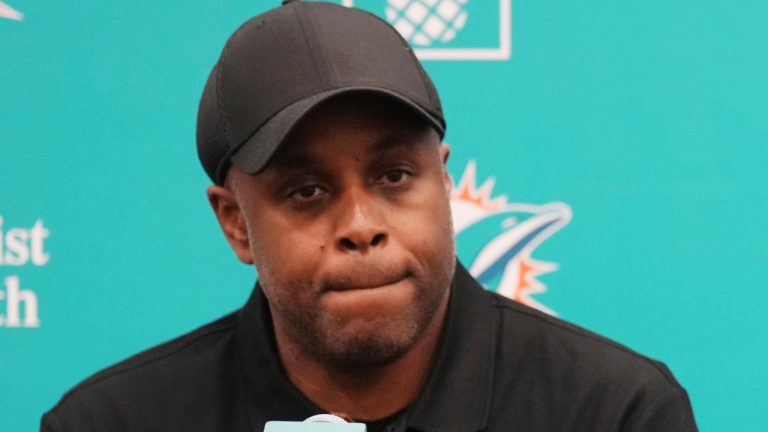 Miami Dolphins general manager Chris Grier listens questions during an NFL football press conference, Friday, April 25, 2025, in Miami Gardens, Fla. (AP/Jim Rassol, File)