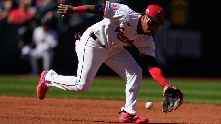 Cleveland Guardians third baseman José Ramírez fields a ball hit by Detroit Tigers' Zach McKinstry to throw to first base for the third out in the second inning of Game 2 of the American League Wild Card baseball playoff series in Cleveland, Wednesday, Oct. 1, 2025. (Sue Ogrocki/AP)