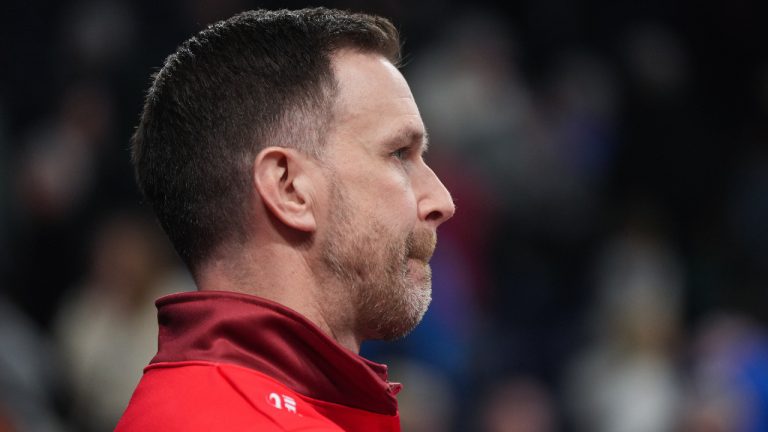 Canada skip Brad Gushue looks on after losing to Alberta-Jacobs during the semifinal at the Brier, in Kelowna, B.C., on Sunday, March 9, 2025. (Darryl Dyck/CP)