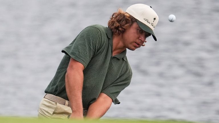 Garrick Higgo, of South Africa, chips to the green on the 14th hole during the second round of the PGA Championship golf tournament at the Quail Hollow Club, Friday, May 16, 2025, in Charlotte, N.C. (AP/George Walker IV)
