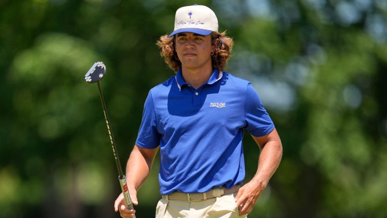 Garrick Higgo, of South Africa, waves after making a putt on the fourth hole during the third round of the PGA Championship golf tournament at the Quail Hollow Club, Saturday, May 17, 2025, in Charlotte, N.C. (George Walker IV/AP)