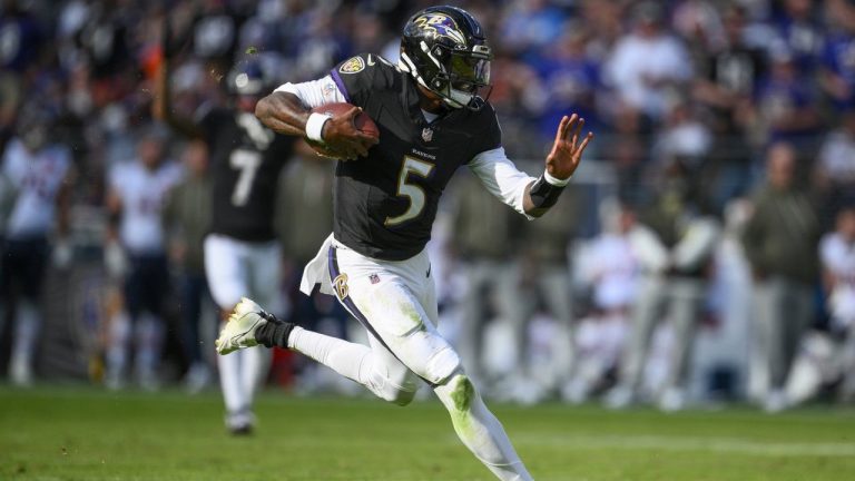 Baltimore Ravens quarterback Tyler Huntley runs the ball during the second half an NFL game against the Chicago Bears, Sunday, Oct. 26, 2025, in Baltimore. (AP/Nick Wass)