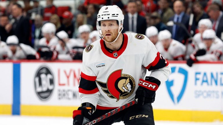 Ottawa Senators' Nick Jensen (3) watches the puck against the Carolina Hurricanes during the first period of an NHL hockey game in Raleigh, N.C., Saturday, Nov. 16, 2024. (Karl B DeBlaker/AP)