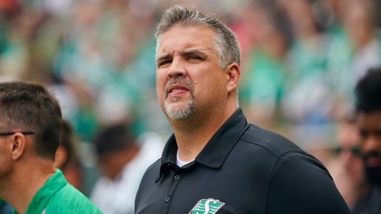 Jeremy O'Day looks on before CFL football action against the Calgary Stampeders in Regina, Saturday, July 15, 2023. (Heywood Yu/CP)