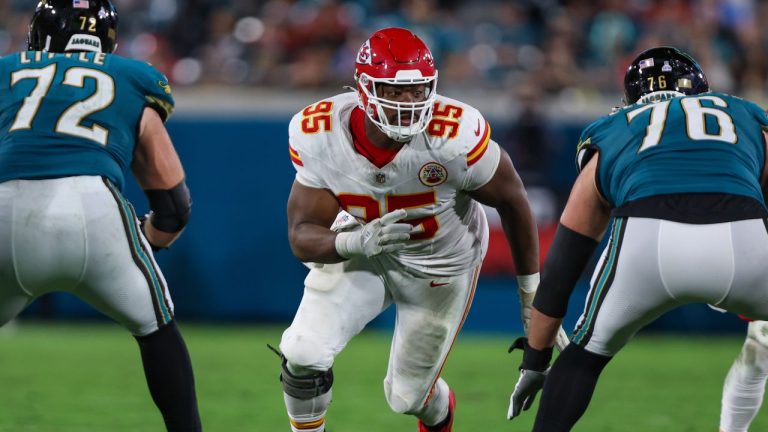 Kansas City Chiefs defensive end Chris Jones (95) rushes during an NFL football game against the Jacksonville Jaguars, Monday, Oct. 6, 2025, in Jacksonville, Fla. (Gary McCullough/AP)