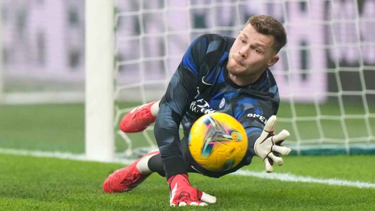 Inter Milan's goalkeeper Josep Martinez warms up prior to a Serie A soccer match between Inter Milan and Genoa, at the San Siro stadium in Milan, Italy. (Luca Bruno/AP)