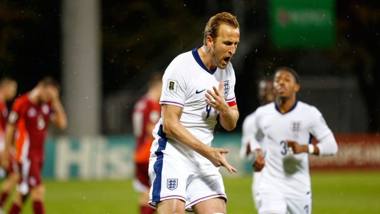 England's Harry Kane celebrates after scoring his side's third goal during the 2026 World Cup group K qualifying soccer match between Latvia and England in Riga, Latvia, Tuesday, Oct. 14, 2025. (Mindaugas Kulbis/AP)