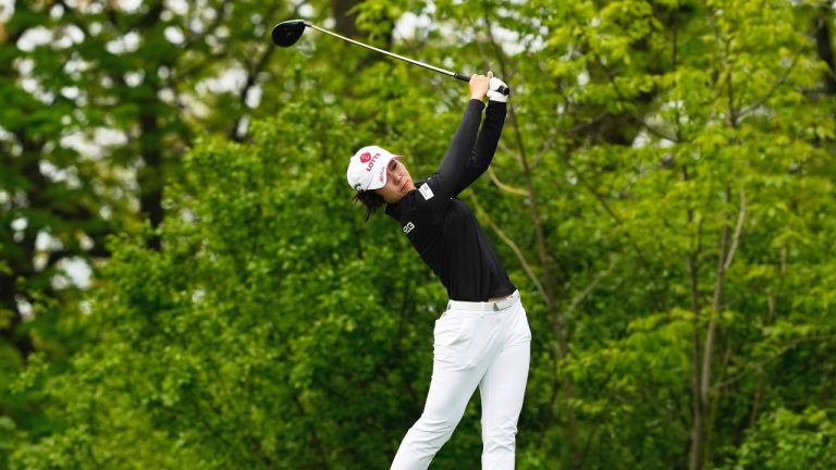 Youmin Hwang, of South Korea, hits from the fourth tee during the second round of the U.S. Women's Open golf tournament at Erin Hills Friday, May 30, 2025, in Erin, Wis. (AP/Matt York)