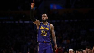Los Angeles Lakers forward LeBron James gestures during the second half of an NBA basketball game against the Houston Rockets in Los Angeles, Monday, March 31, 2025. (Kyusung Gong/AP)