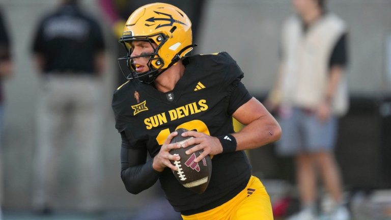 Arizona State quarterback Sam Leavitt warms up prior to an NCAA college football game against Houston Saturday, Oct. 25, 2025, in Tempe, Ariz. (AP/Ross D. Franklin)