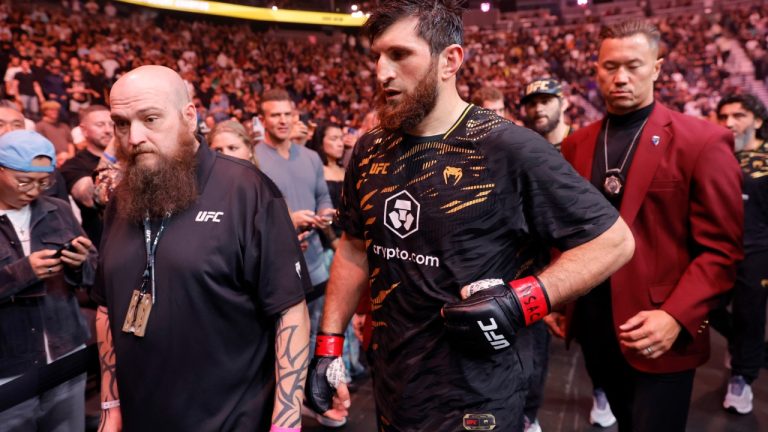 Magomed Ankalaev leaves the arena after losing his UFC light-heavyweight title at UFC 320. (Steve Marcus/Las Vegas Sun via AP)