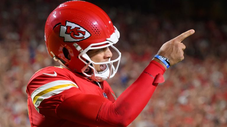 Kansas City Chiefs quarterback Patrick Mahomes celebrates after running the ball in for a touchdown against the Detroit Lions during the first half of an NFL football game, Sunday, Oct. 12, 2025 in Kansas City, Mo. (Reed Hoffmann/AP)