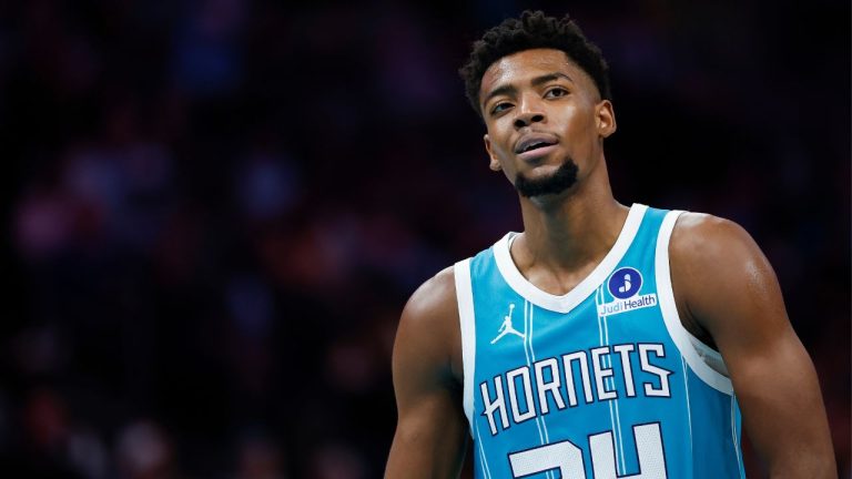 Charlotte Hornets forward Brandon Miller stands on the court during the second half of an NBA basketball game against the Brooklyn Nets in Charlotte, N.C., Wednesday, Oct. 22, 2025. (Nell Redmond/AP)