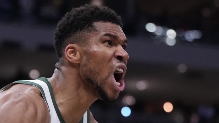 Milwaukee Bucks' Giannis Antetokounmpo reacts after a dunk during the second half of an NBA basketball game against the New York Knicks Tuesday, Oct. 28, 2025, in Milwaukee. (Morry Gash/AP)