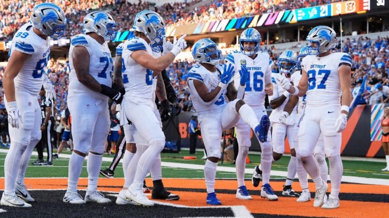 Detroit Lions running back David Montgomery celebrates his eight-yard touchdown against the Cincinnati Bengals during the second half of an NFL game Sunday, Oct. 5, 2025, in Cincinnati. (AP/Carolyn Kaster)