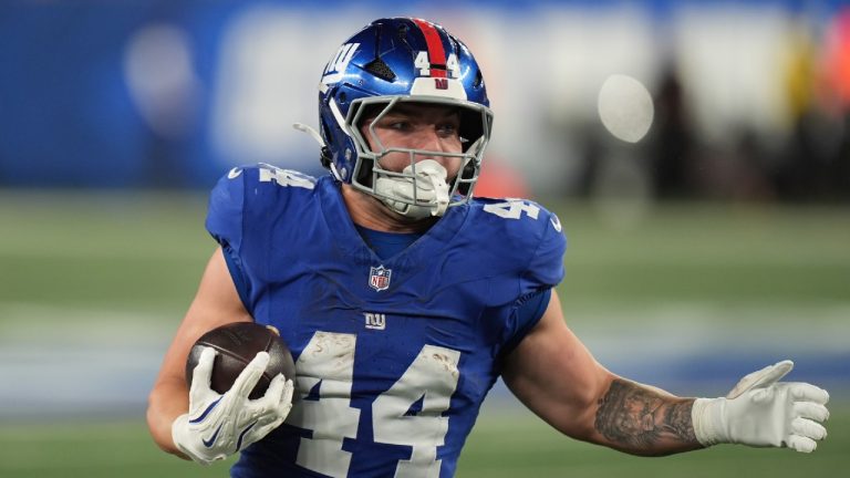 New York Giants' Cam Skattebo plays during the second half of an NFL football game against the Philadelphia Eagles Thursday, Oct. 9, 2025, in East Rutherford, N.J. (Seth Wenig/AP)