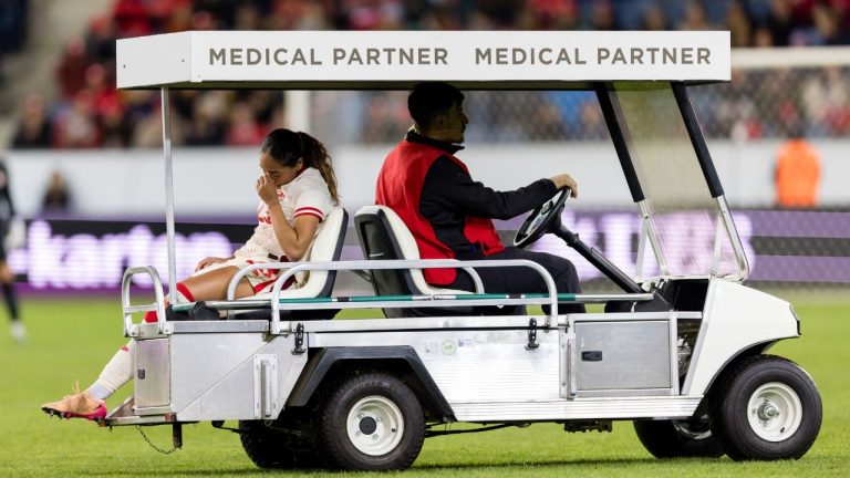 Canada's Olivia Smith is carted off the pitch following an injury during a women's international friendly soccer match between Switzerland and Canada, Friday, Oct. 24, 2025, in Lucerne, Switzerland. (Philipp Schmidli/Keystone via AP)