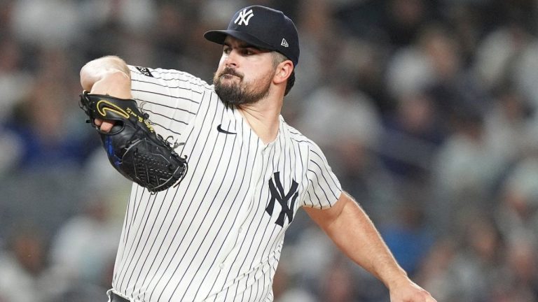 New York Yankees pitcher Carlos Rodón delivers against the Toronto Blue Jays during the first inning of Game 3 of baseball's American League Division Series, Tuesday, Oct. 7, 2025, in New York. (Frank Franklin II/AP)