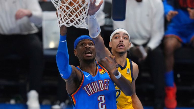 Oklahoma City Thunder guard Shai Gilgeous-Alexander, left, shoots against Indiana Pacers guard Andrew Nembhard during the second half of Game 7 of the NBA Finals basketball series Sunday, June 22, 2025, in Oklahoma City. (Nate Billings/AP)