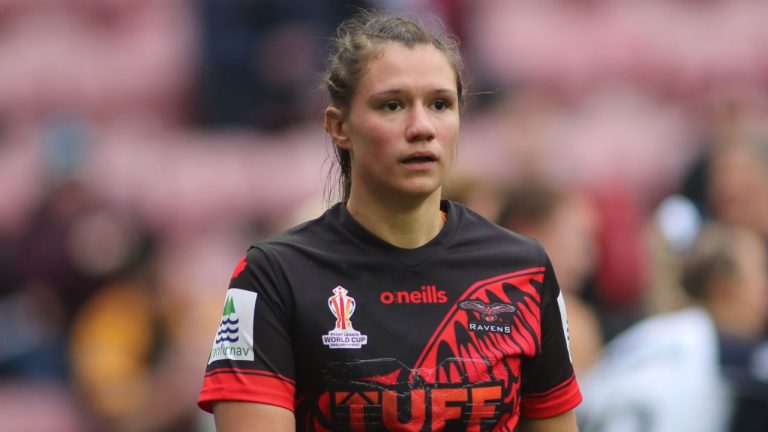 Megan Pakulis is shown in action for the Canada Ravens against England in Wigan, England in this Nov. 5, 2022 handout photo at the Women's Rugby League World Cup. (Stephen Gaunt/ CP)