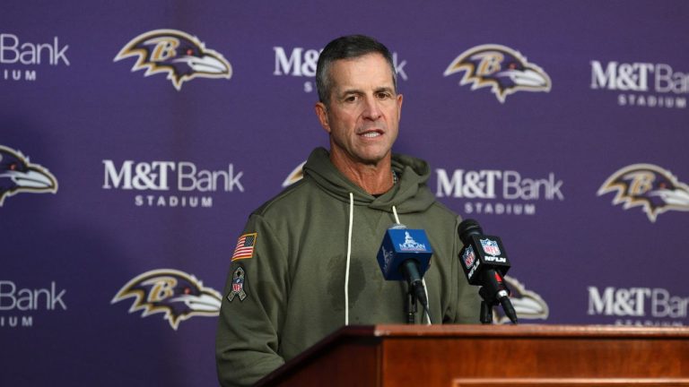 Baltimore Ravens head coach John Harbaugh speaks during a press conference after his team's win over the Chicago Bears in an NFL football game, Sunday, Oct. 26, 2025, in Baltimore. (Nick Wass/AP)