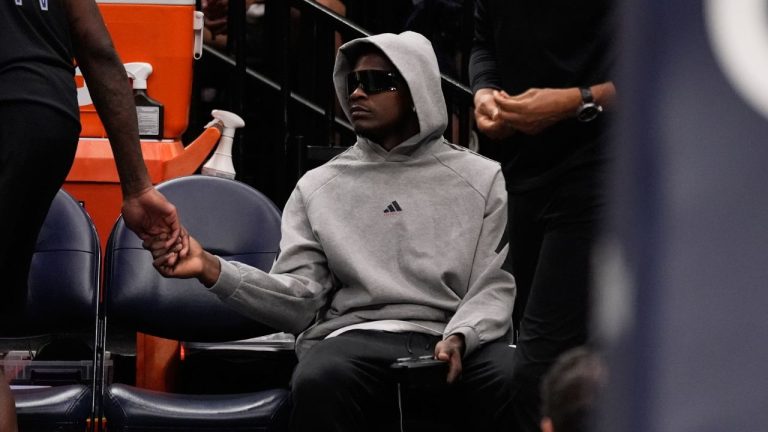 Minnesota Timberwolves guard Anthony Edwards sits on the bench during the first half of an NBA basketball game against the Indiana Pacers, Oct. 26, 2025, in Minneapolis. (Abbie Parr/ AP)