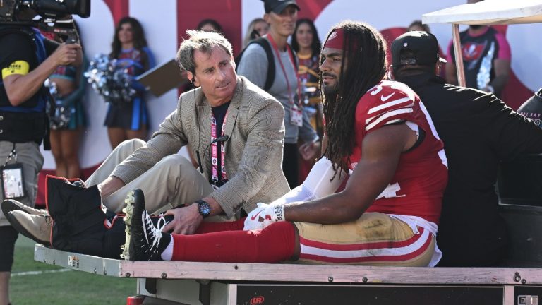 San Francisco 49ers middle linebacker Fred Warner is carted off the field during the first half of an NFL football game against the Tampa Bay Buccaneers in Tampa, Fla., Sunday, Oct. 12, 2025. (Jason Behnken/AP)